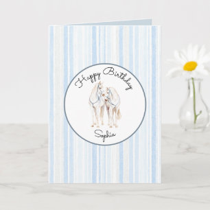 Carte Anniversaire de rayures de chevaux blancs bleu béb