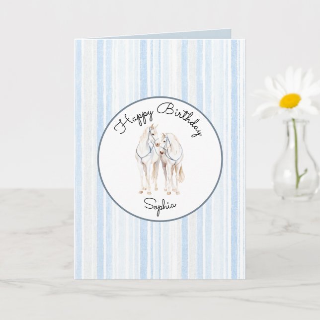 Carte Anniversaire de rayures de chevaux blancs bleu béb (Petite plante)