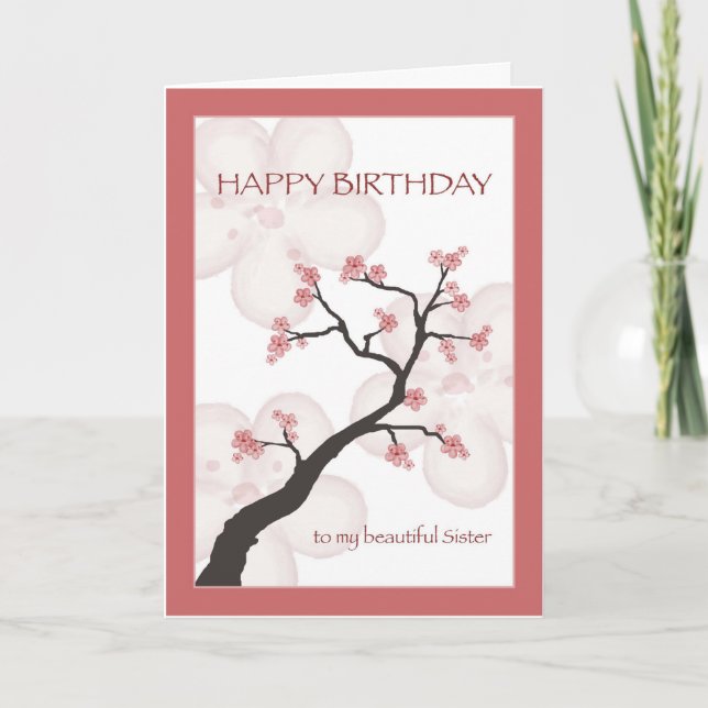 Carte Anniversaire de Soeur, Arbre chinois en fleurs (Devant)