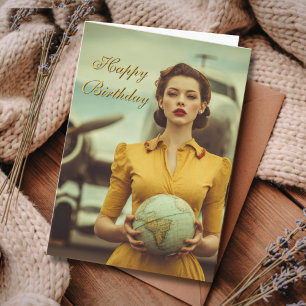 Carte Anniversaire de voyage Vintage Rétro Femme Avion C