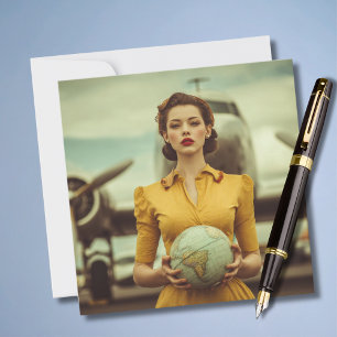 Carte Anniversaire de voyage Vintage Rétro Femme Avion D