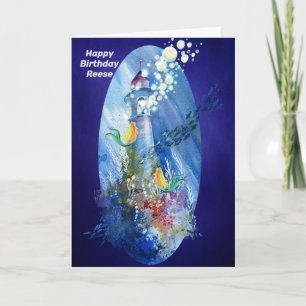 Carte Anniversaire de Young Girl Lighthouse mer & Mermai