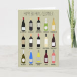Carte Anniversaire des amateurs de vin<br><div class="desc">Cette carte d'anniversaire est prête à être personnalisée avec votre propre message personnalisé sur le devant et l'intérieur de la carte. Le devant présente des illustrations d'un assortiment de bouteilles de vin avec le nom des différentes variétés de vin en dessous de chacune dans un style de guide d'identification. Les...</div>