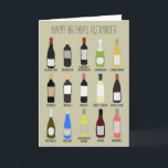 Carte Anniversaire des amateurs de vin<br><div class="desc">Cette carte d'anniversaire est prête à être personnalisée avec votre propre message personnalisé sur le devant et l'intérieur de la carte. Le devant présente des illustrations d'un assortiment de bouteilles de vin avec le nom des différentes variétés de vin en dessous de chacune dans un style de guide d'identification. Les...</div>