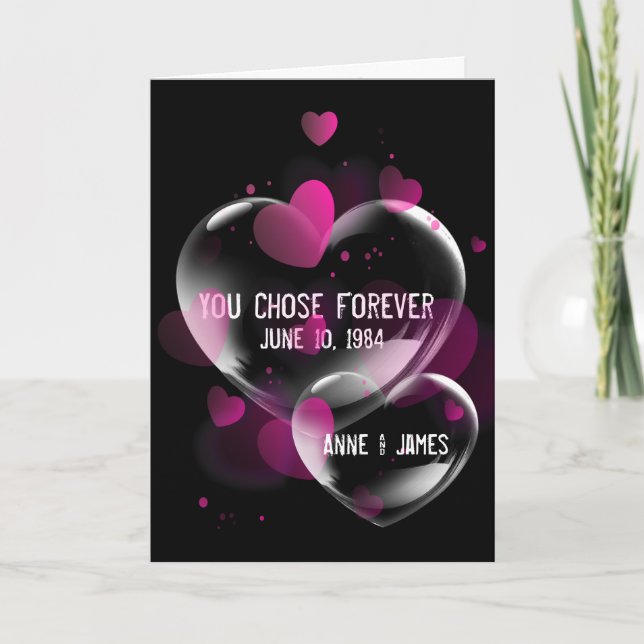 Carte Anniversaire des bulles cardiaques sur le noir (Devant)