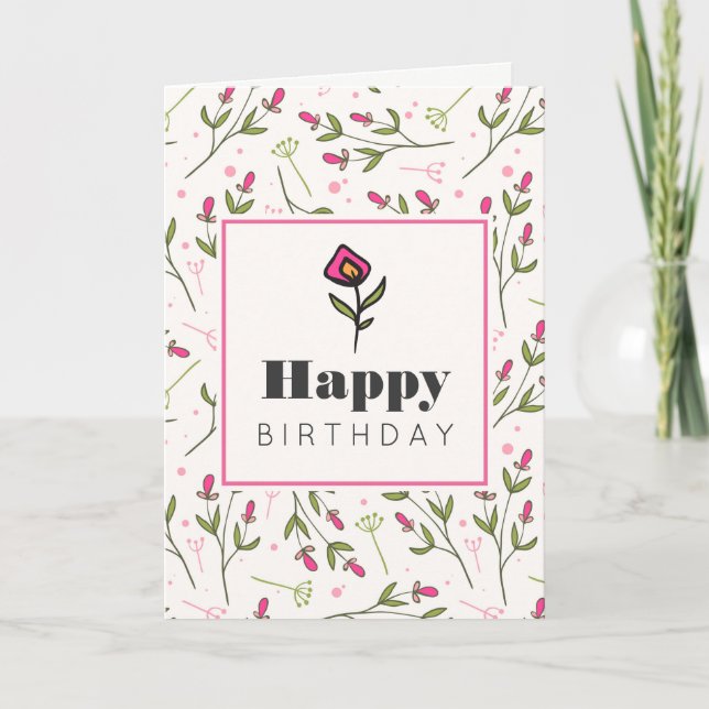 Carte Anniversaire des Fleurs sauvages roses et verts (Devant)