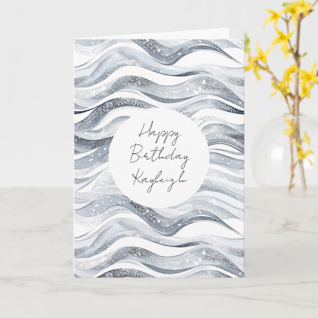 Carte Anniversaire des vagues blanches d'argent (Fleur jaune)