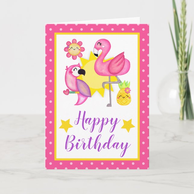 Carte Anniversaire d'été tropical flamingo & perroquet (Devant)