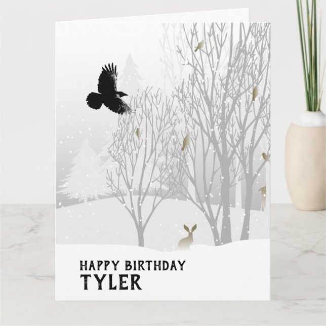Carte Anniversaire d'hiver Snowy Woodland Trees Snow Ani (Devant)