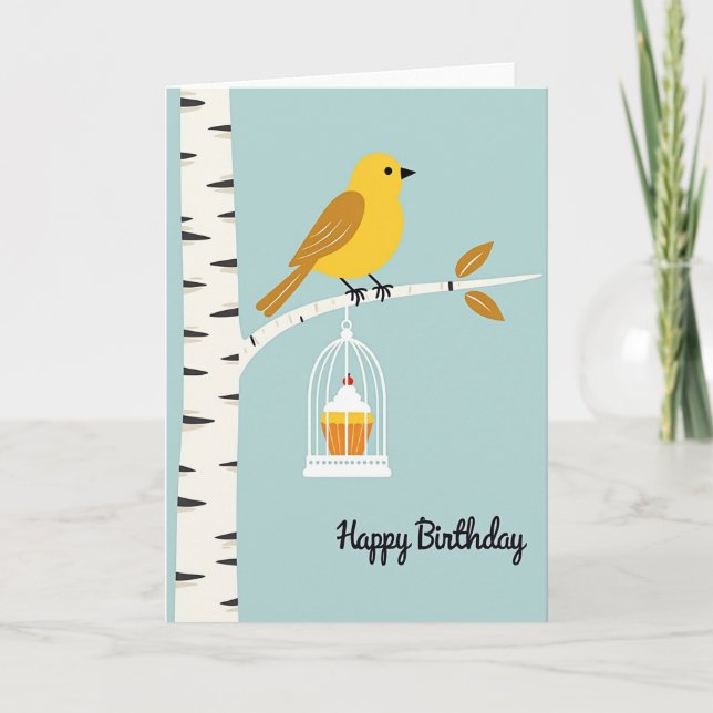 Carte anniversaire douce avec oiseau en cage (Devant)