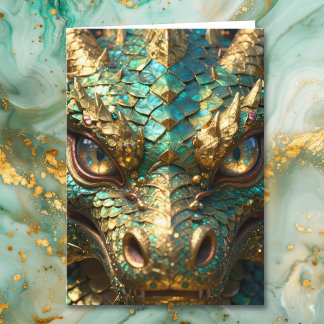 Carte Anniversaire Dragon Turquoise et Or