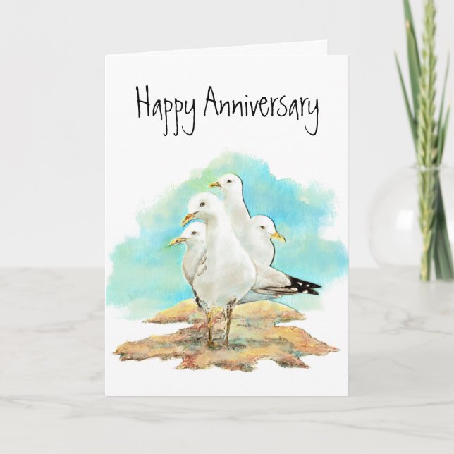 Carte Anniversaire drôle, du groupe de mouettes, oiseaux (Devant)