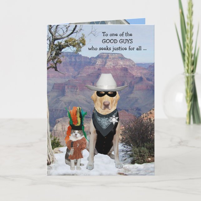 Carte Anniversaire drôle occidental de chat et de chien (Devant)