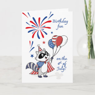 Carte Anniversaire du 4 juillet Ballon Raccoon Feu d'art