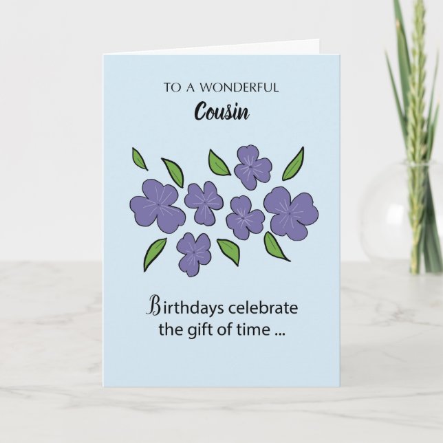Carte Anniversaire du Cousin aux fleurs violettes et Feu (Devant)