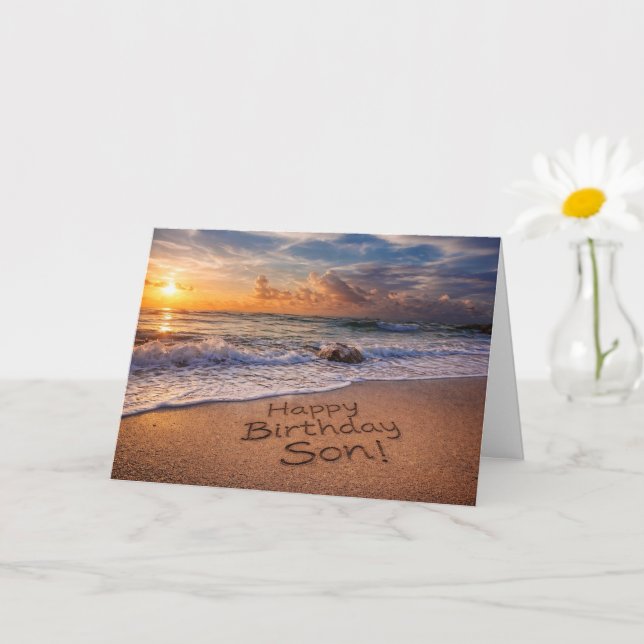 Carte Anniversaire du fils Coucher de soleil sur la plag (Petite plante)