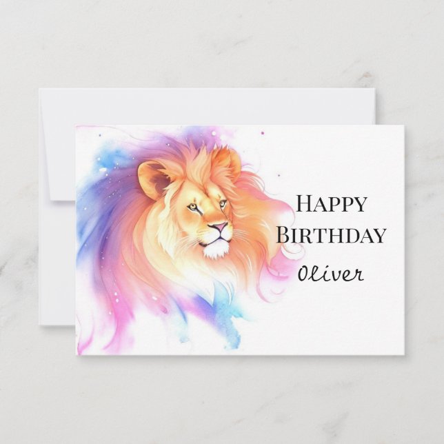 Carte Anniversaire du lion d'aquarelle chic enchanté (Devant)