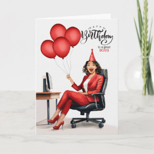 Carte Anniversaire du patron femme d'affaires rouge dans