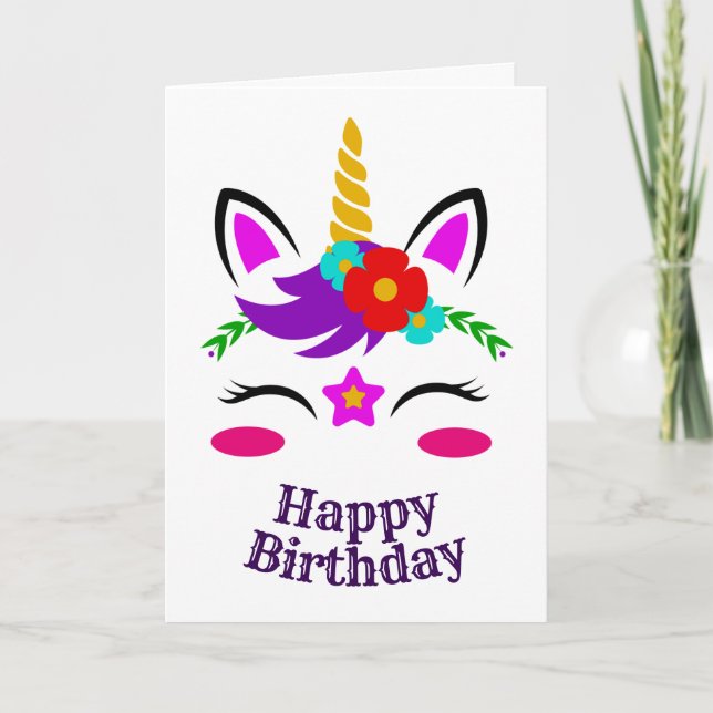 Carte Anniversaire du visage de la licorne, Flore rouge  (Devant)