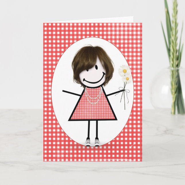 Carte Anniversaire d'un ami Stick Figure Fille Sur Gingh (Devant)