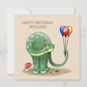Carte Anniversaire d'un dinosaure tenant des ballons