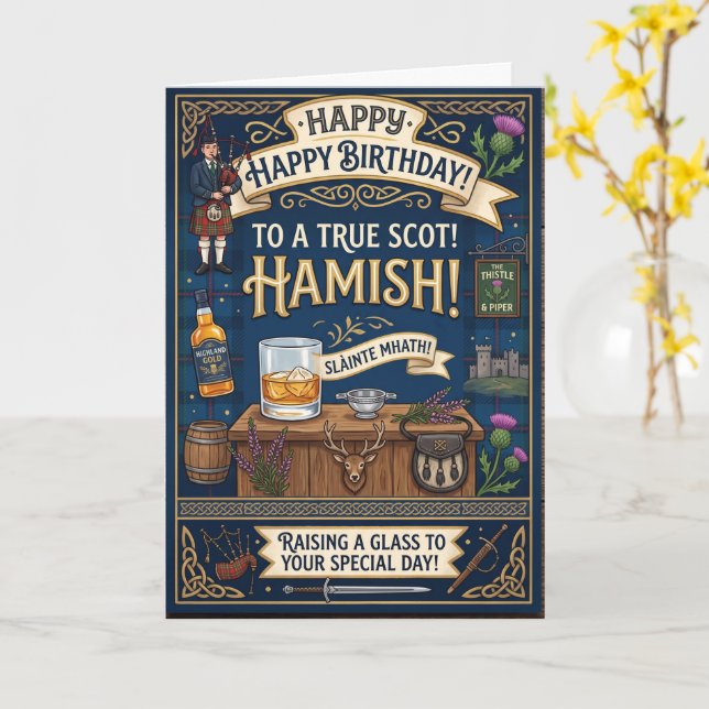 Carte Anniversaire écossais Hamish (Fleur jaune)