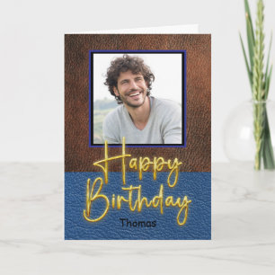 Carte Anniversaire écriture dorée cuir Brun et Bleu Rust
