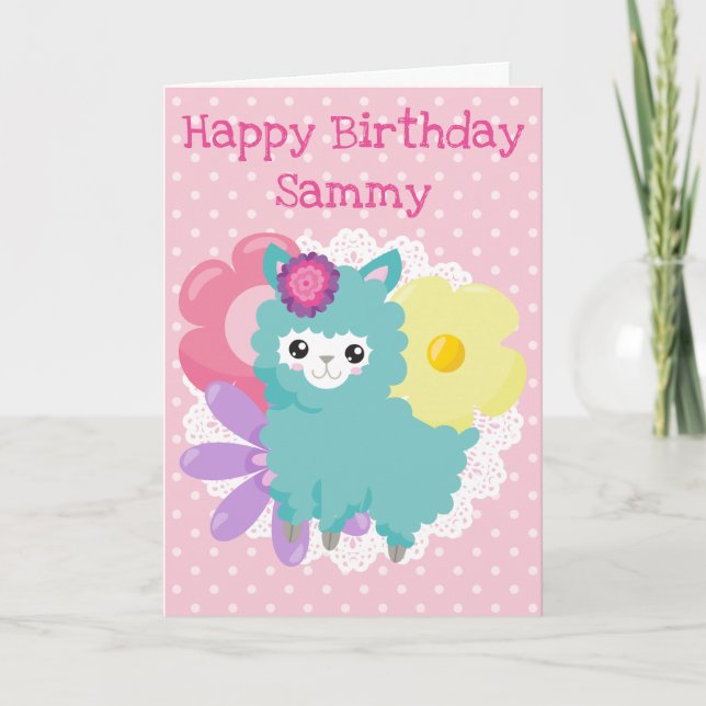 Carte Anniversaire Enfant Fleur Llama Pastel Mignon (Devant)
