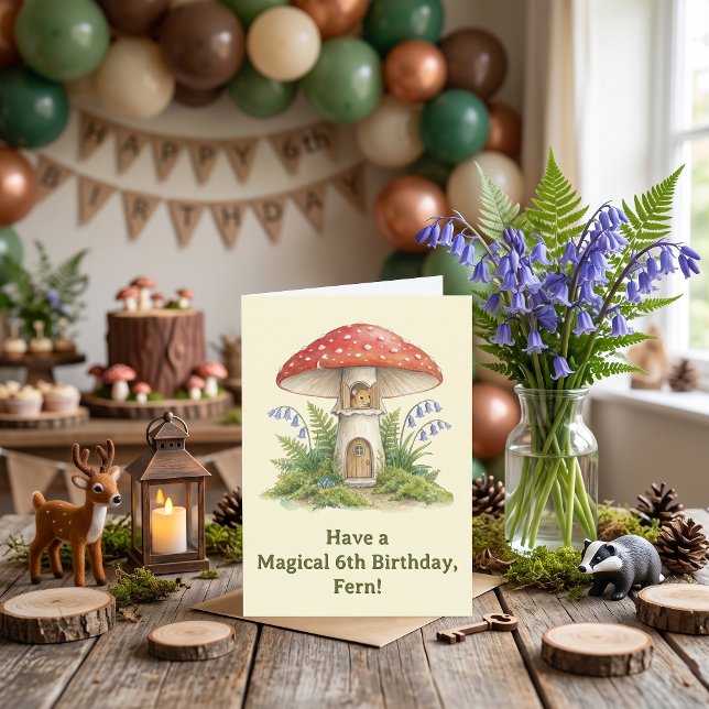Carte Anniversaire enfant Souris Fée Champignon (Fairy House Magic Mouse Mushroom Fern Bluebell illustration Child's Birthday Card for kids)