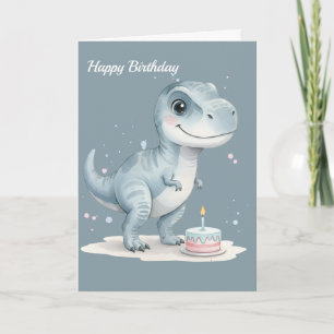 Carte Anniversaire enfant - T-Rex mignon avec gâteau