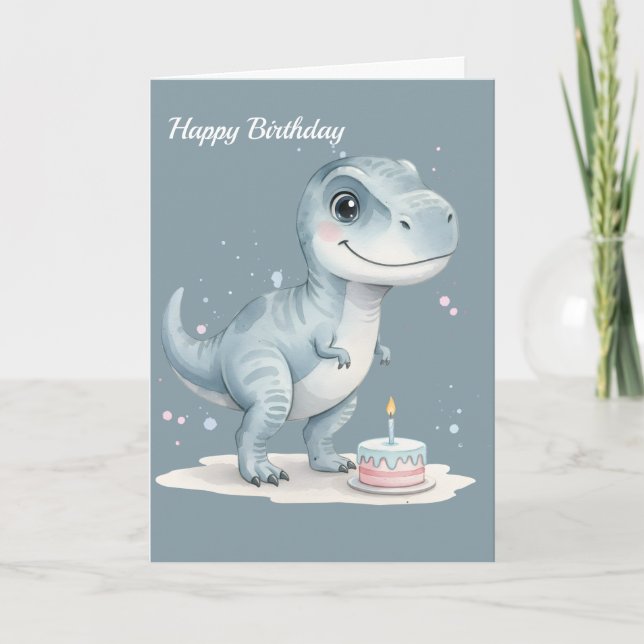 Carte Anniversaire enfant - T-Rex mignon avec gâteau (Devant)