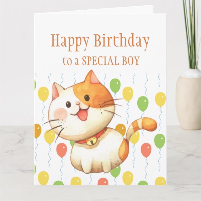 Carte ANNIVERSAIRE ENFANTS Chat orange Kitten Ballons co (Devant)
