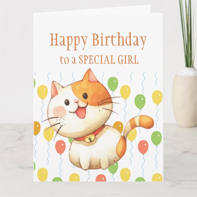 Carte ANNIVERSAIRE ENFANTS Chat orange Kitten Ballons co (Devant)
