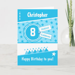 Carte Anniversaire enfants turquoise bleu blanc nom de t