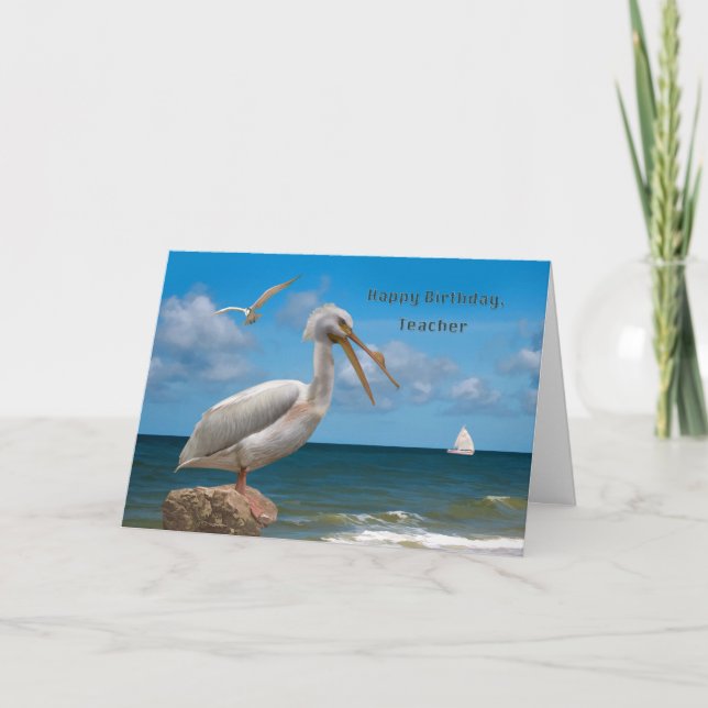 Carte Anniversaire, enseignant, Pélican blanc sur un roc (Devant)