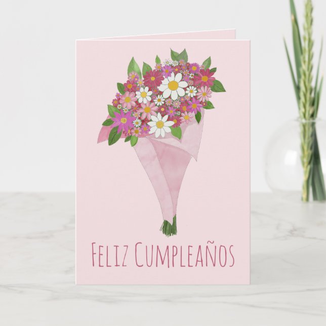 Carte Anniversaire espagnol Bouquet rose de fleurs (Devant)