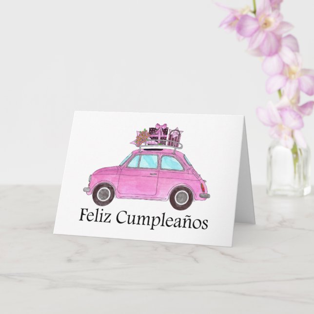 Carte Anniversaire espagnol Retro Fiat 500 (Orchidée)