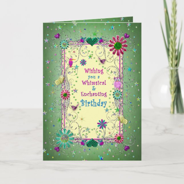 Carte Anniversaire Féminin Enchanté Vert/Jaune (Devant)