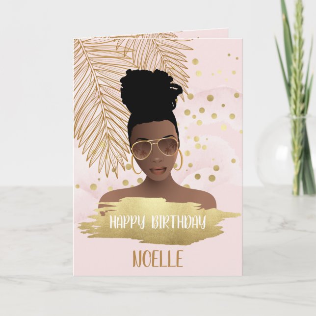 Carte Anniversaire, Femme noire, Feuille Tropicale Or, R (Devant)