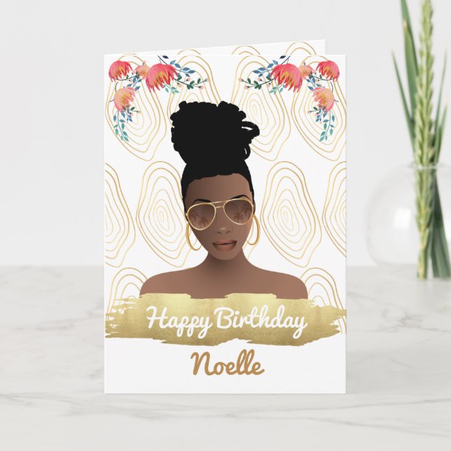 Carte Anniversaire, Femme Noire, Fleurs Whimsical Or (Devant)
