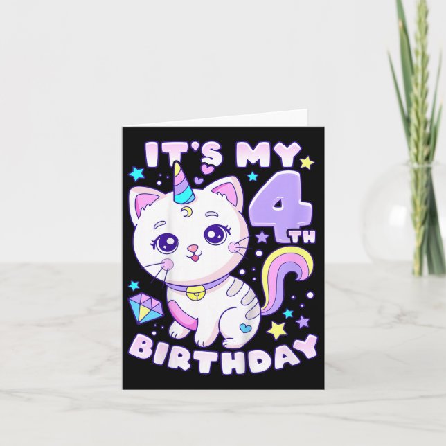 Carte Anniversaire Fille 4 ans, Chat, Unicorne, 4e naiss (Devant)