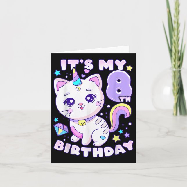 Carte Anniversaire Fille 8 ans, Chat, Unicorne, 8e naiss (Devant)