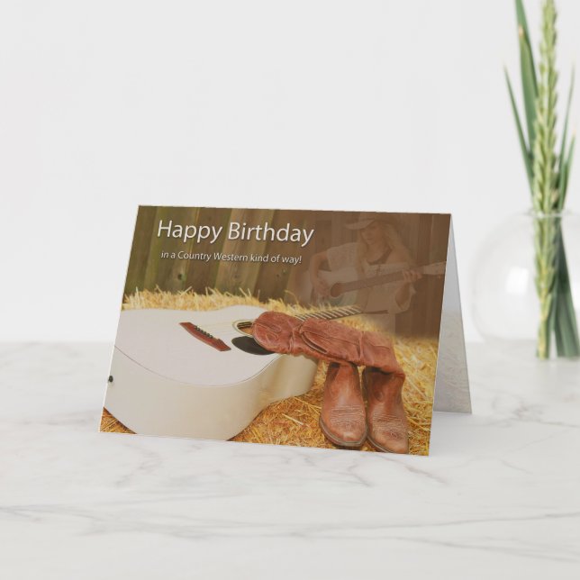 Carte Anniversaire, Fille de campagne, Guitare, Bottes o (Devant)
