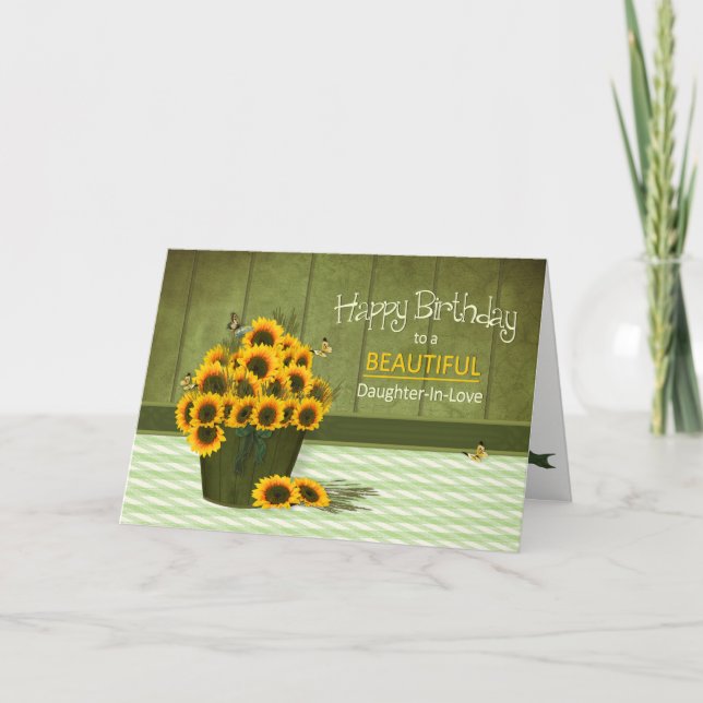 Carte Anniversaire - Fille en Amour - seau de tournesols (Devant)