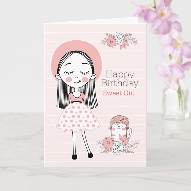 Carte Anniversaire fille Rose et Noir avec nom et chat (Orchidée)