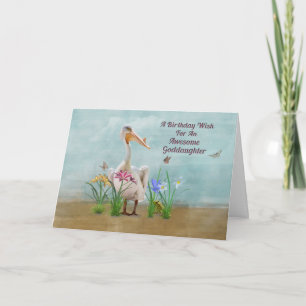 Carte Anniversaire, filleule, pélican, fleurs