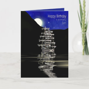 Carte Anniversaire, fils, bateau avec des voiles, nuit