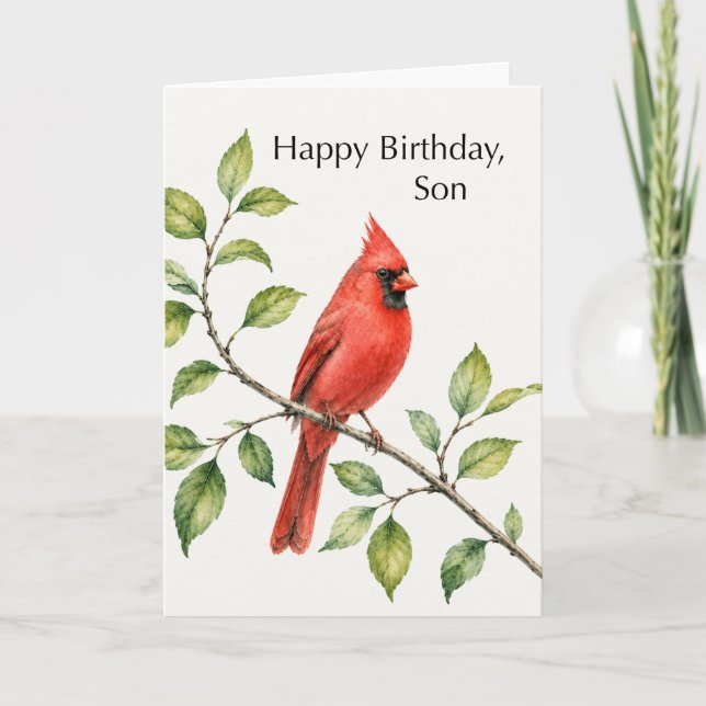 Carte Anniversaire Fils Cardinal Rouge sur Branche (Devant)