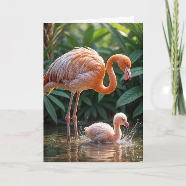 Carte Anniversaire Flamant rose mère et poussin (Devant)