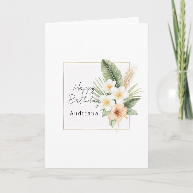 Carte Anniversaire Fleur Blanche Tropicale Pêche Or (Devant)